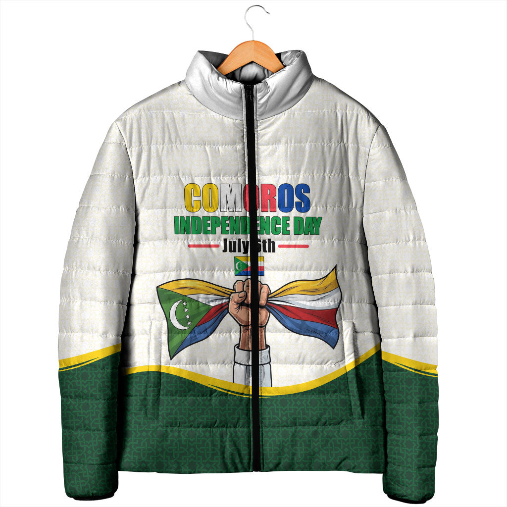 Personalized Comoros Independence Day Padded Jacket July 6th National Pride Flag Graphic With Heritage Emblem