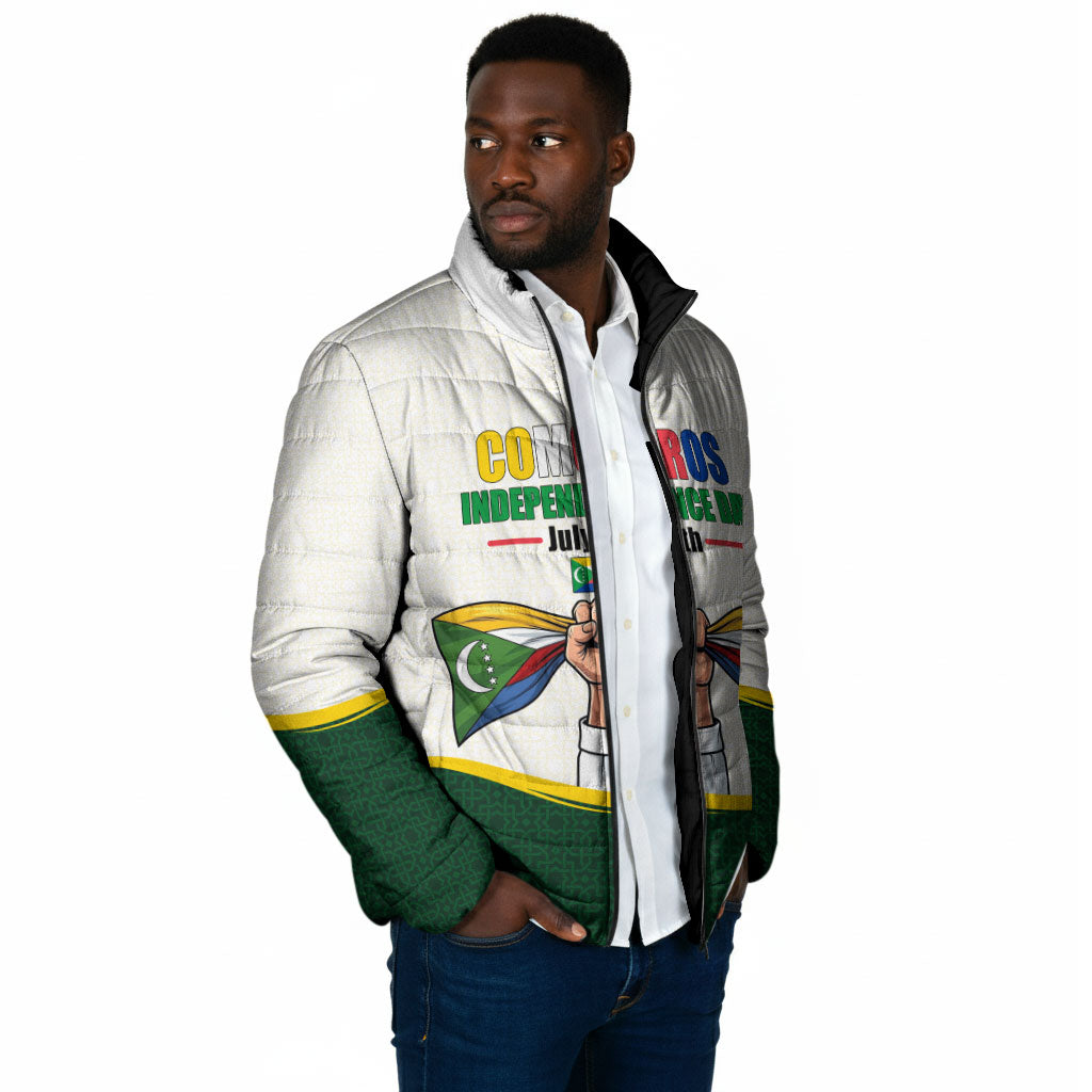 Personalized Comoros Independence Day Padded Jacket July 6th National Pride Flag Graphic With Heritage Emblem