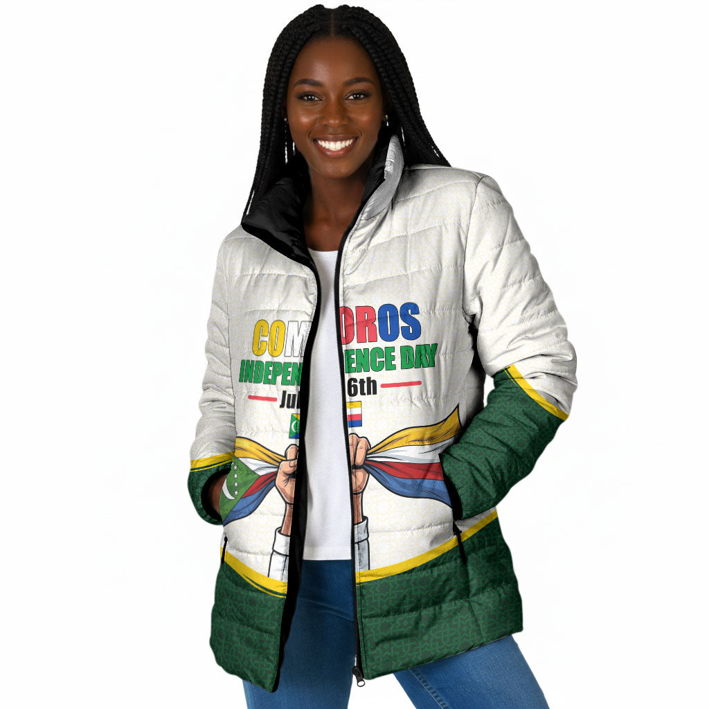Personalized Comoros Independence Day Padded Jacket July 6th National Pride Flag Graphic With Heritage Emblem