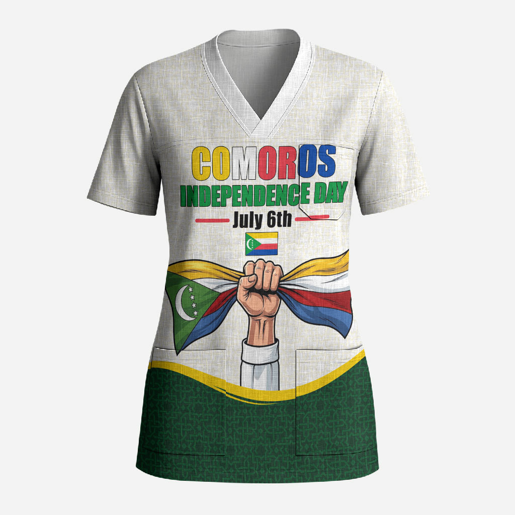 Personalized Comoros Independence Day Scrub Top July 6th National Pride Flag Graphic With Heritage Emblem