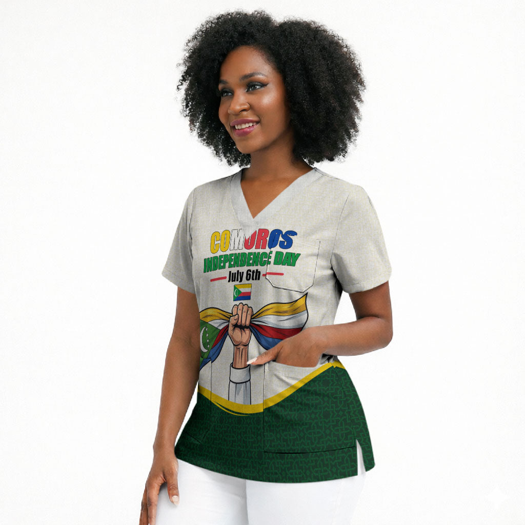 Personalized Comoros Independence Day Scrub Top July 6th National Pride Flag Graphic With Heritage Emblem