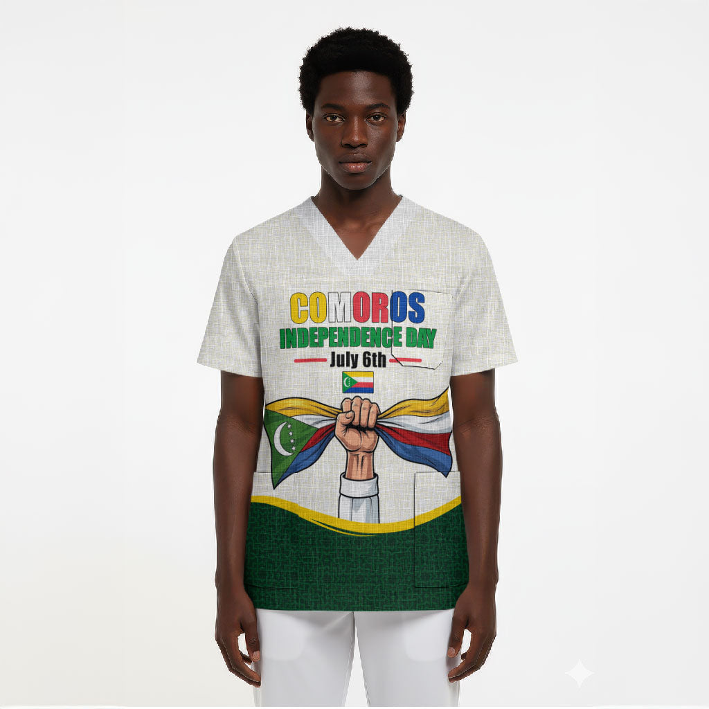 Personalized Comoros Independence Day Scrub Top July 6th National Pride Flag Graphic With Heritage Emblem