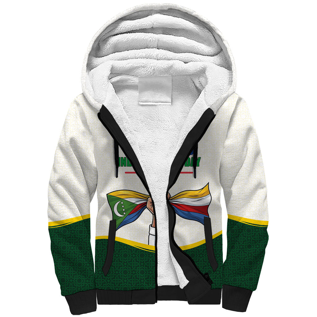 Personalized Comoros Independence Day Sherpa Hoodie July 6th National Pride Flag Graphic With Heritage Emblem