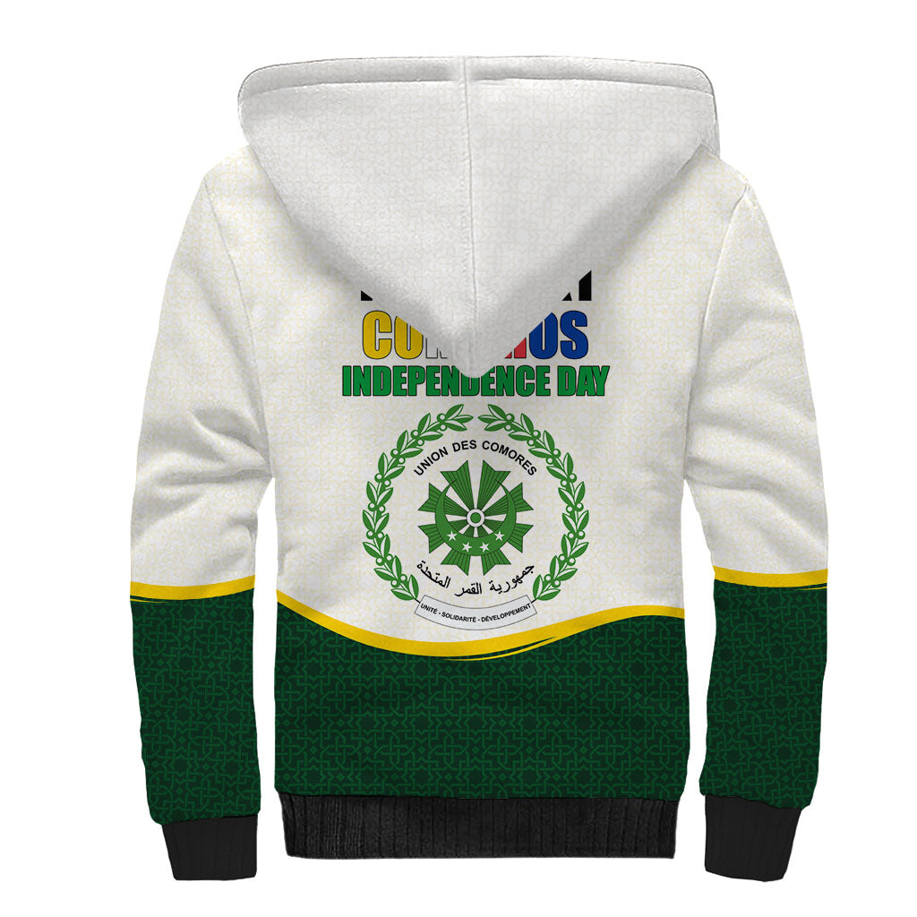 Personalized Comoros Independence Day Sherpa Hoodie July 6th National Pride Flag Graphic With Heritage Emblem