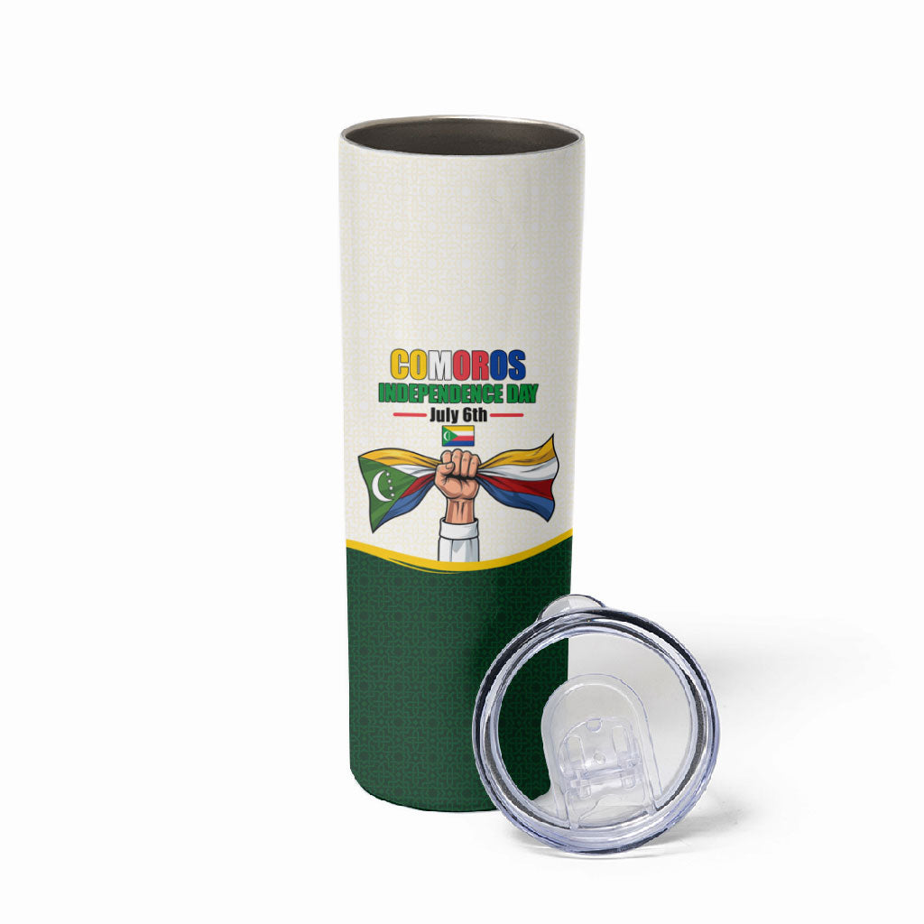 Personalized Comoros Independence Day Skinny Tumbler July 6th National Pride Flag Graphic With Heritage Emblem