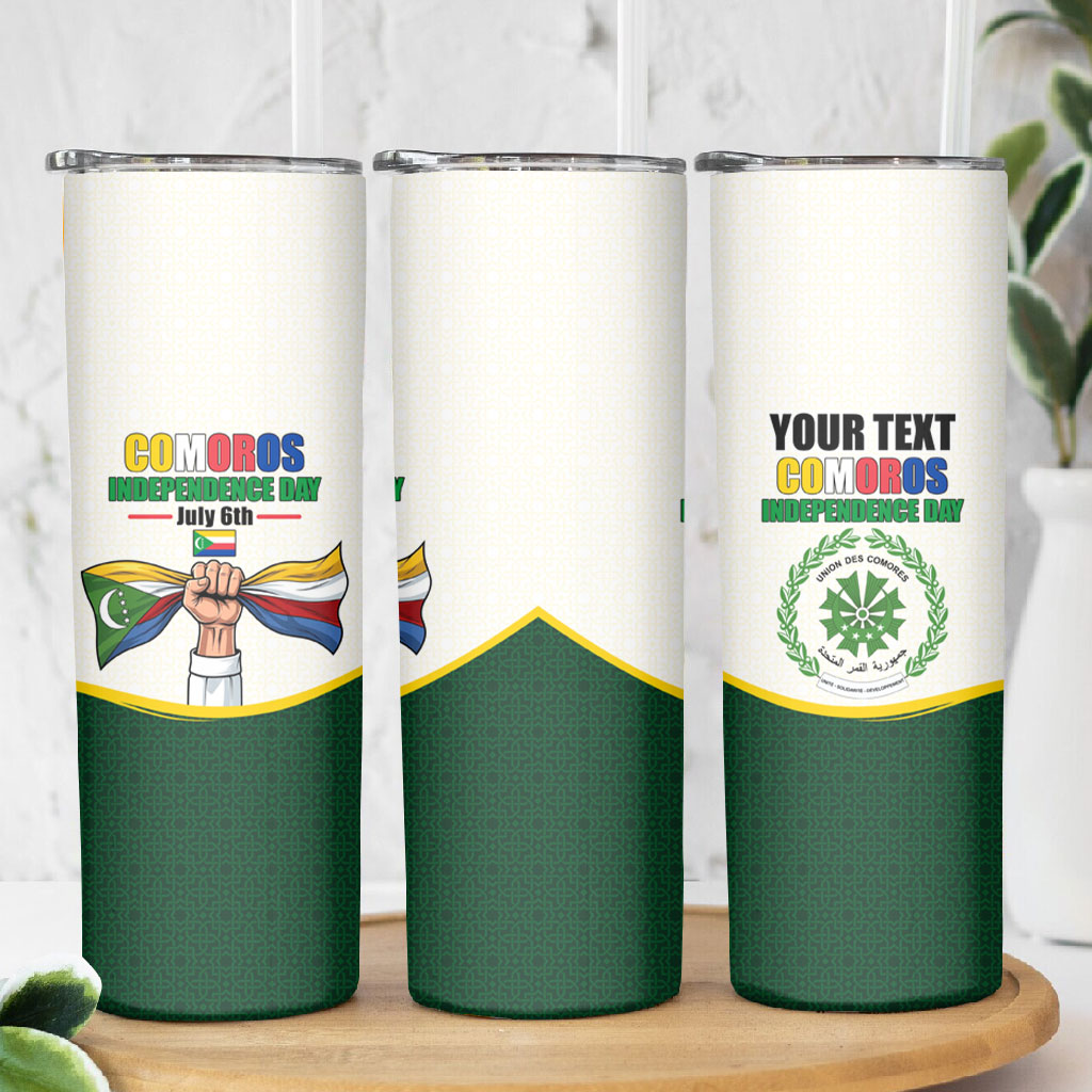 Personalized Comoros Independence Day Skinny Tumbler July 6th National Pride Flag Graphic With Heritage Emblem