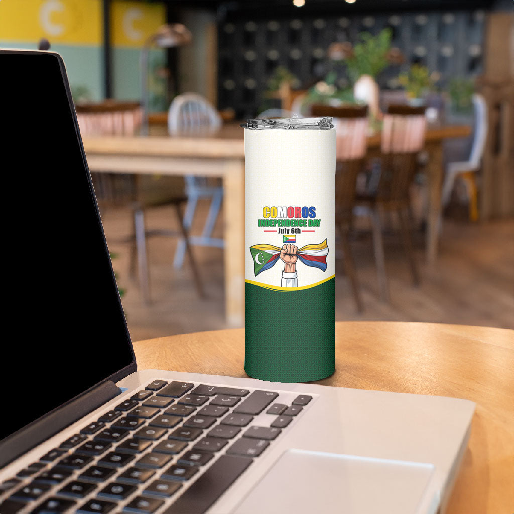 Personalized Comoros Independence Day Skinny Tumbler July 6th National Pride Flag Graphic With Heritage Emblem
