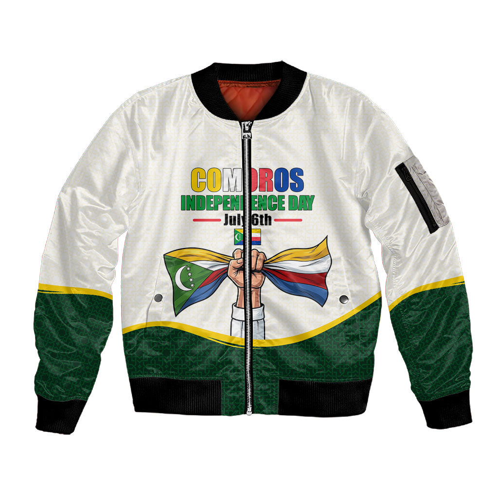 Personalized Comoros Independence Day Sleeve Zip Bomber Jacket July 6th National Pride Flag Graphic With Heritage Emblem