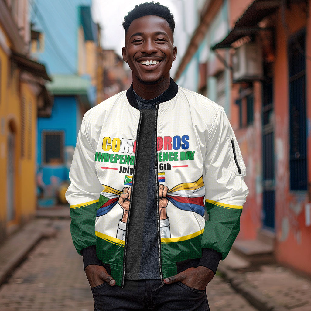 Personalized Comoros Independence Day Sleeve Zip Bomber Jacket July 6th National Pride Flag Graphic With Heritage Emblem