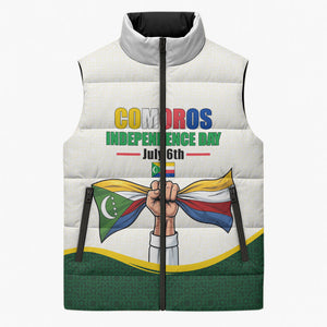 Personalized Comoros Independence Day Sleeveless Puffer Jacket July 6th National Pride Flag Graphic With Heritage Emblem
