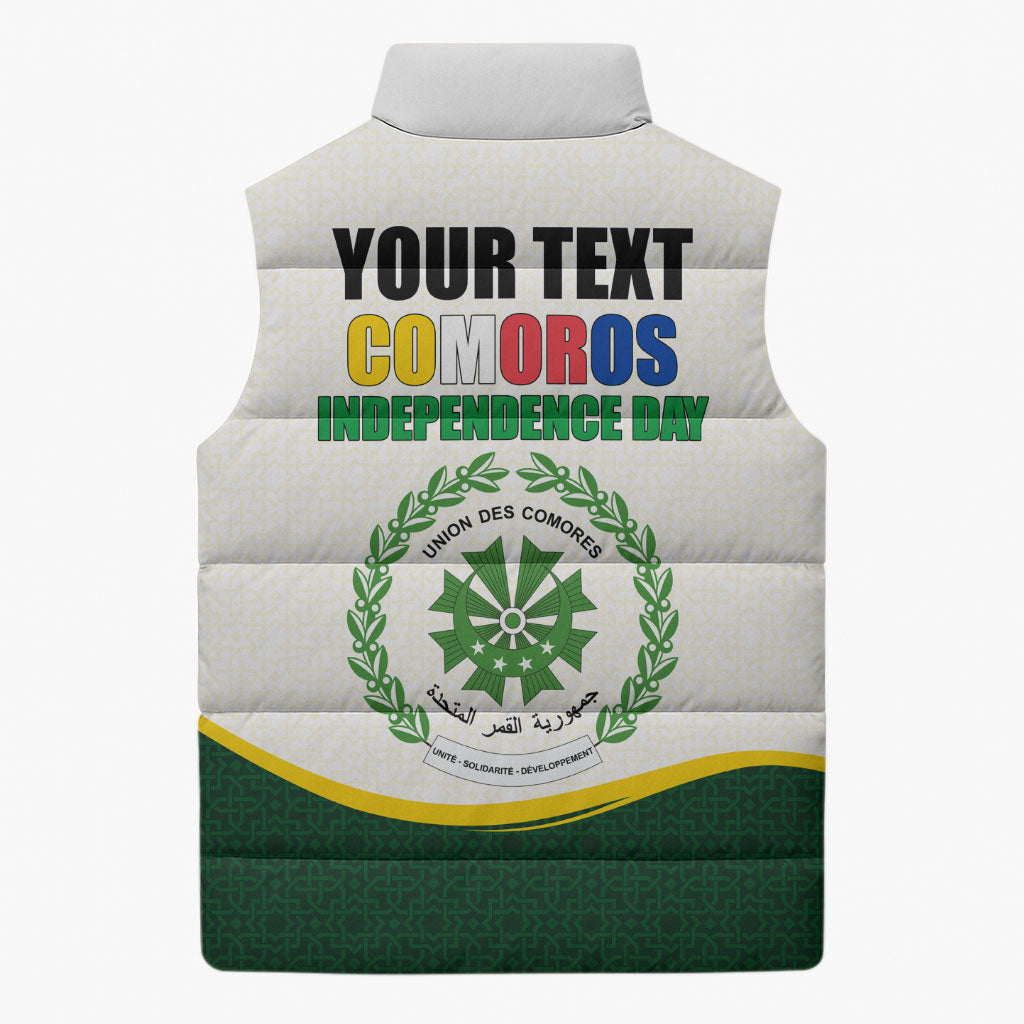 Personalized Comoros Independence Day Sleeveless Puffer Jacket July 6th National Pride Flag Graphic With Heritage Emblem