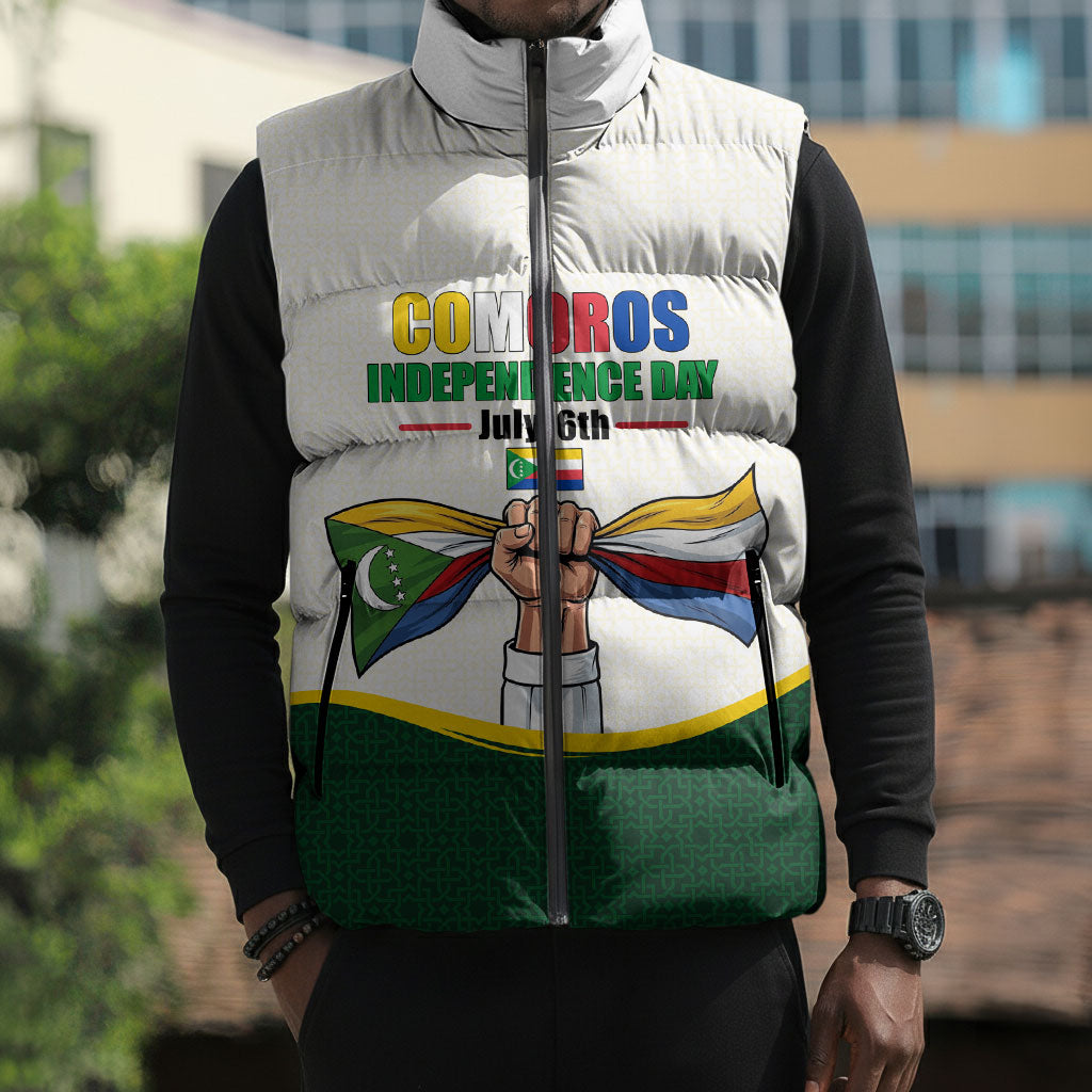 Personalized Comoros Independence Day Sleeveless Puffer Jacket July 6th National Pride Flag Graphic With Heritage Emblem