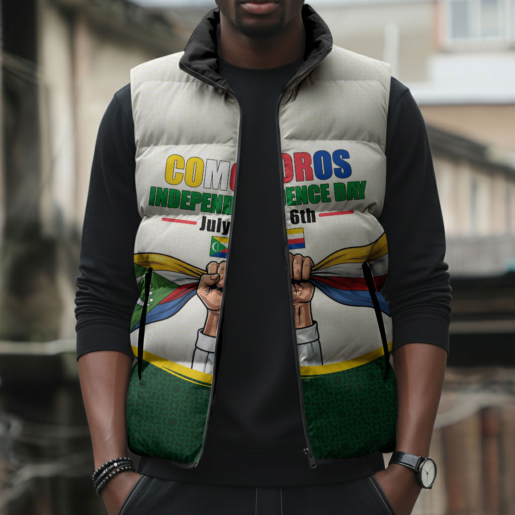 Personalized Comoros Independence Day Sleeveless Puffer Jacket July 6th National Pride Flag Graphic With Heritage Emblem