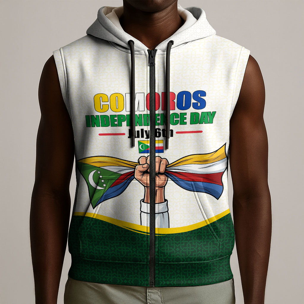 Personalized Comoros Independence Day Sleeveless Zip Hoodie July 6th National Pride Flag Graphic With Heritage Emblem