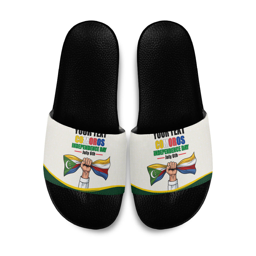 Personalized Comoros Independence Day Slide Sandals July 6th National Pride Flag Graphic With Heritage Emblem