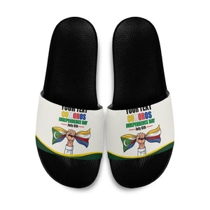 Personalized Comoros Independence Day Slide Sandals July 6th National Pride Flag Graphic With Heritage Emblem