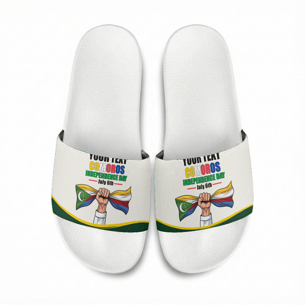 Personalized Comoros Independence Day Slide Sandals July 6th National Pride Flag Graphic With Heritage Emblem