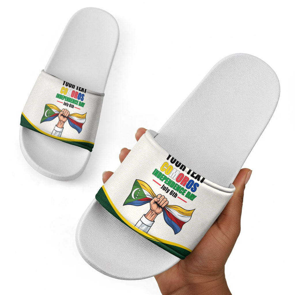 Personalized Comoros Independence Day Slide Sandals July 6th National Pride Flag Graphic With Heritage Emblem