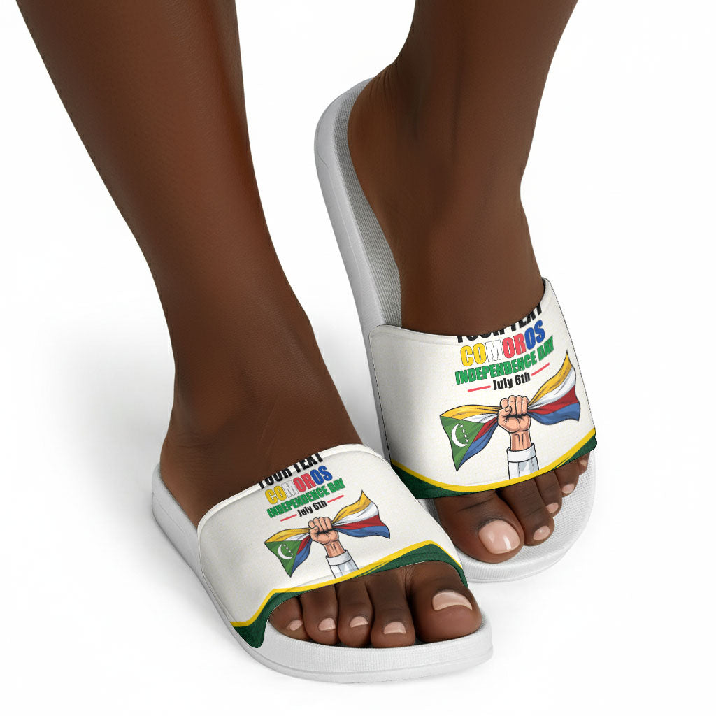 Personalized Comoros Independence Day Slide Sandals July 6th National Pride Flag Graphic With Heritage Emblem