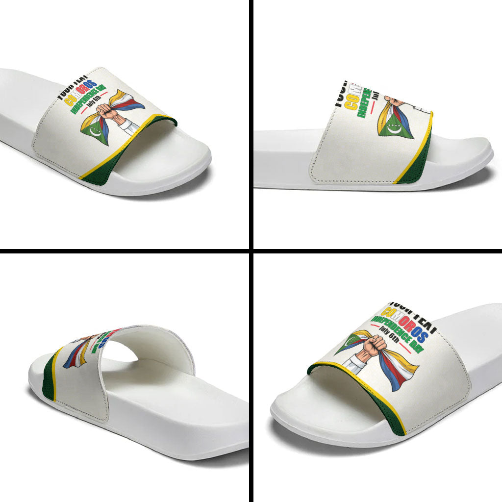 Personalized Comoros Independence Day Slide Sandals July 6th National Pride Flag Graphic With Heritage Emblem