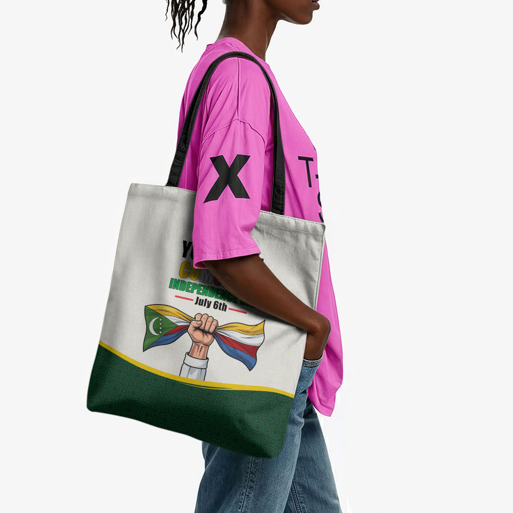 Personalized Comoros Independence Day Tote Bag July 6th National Pride Flag Graphic With Heritage Emblem