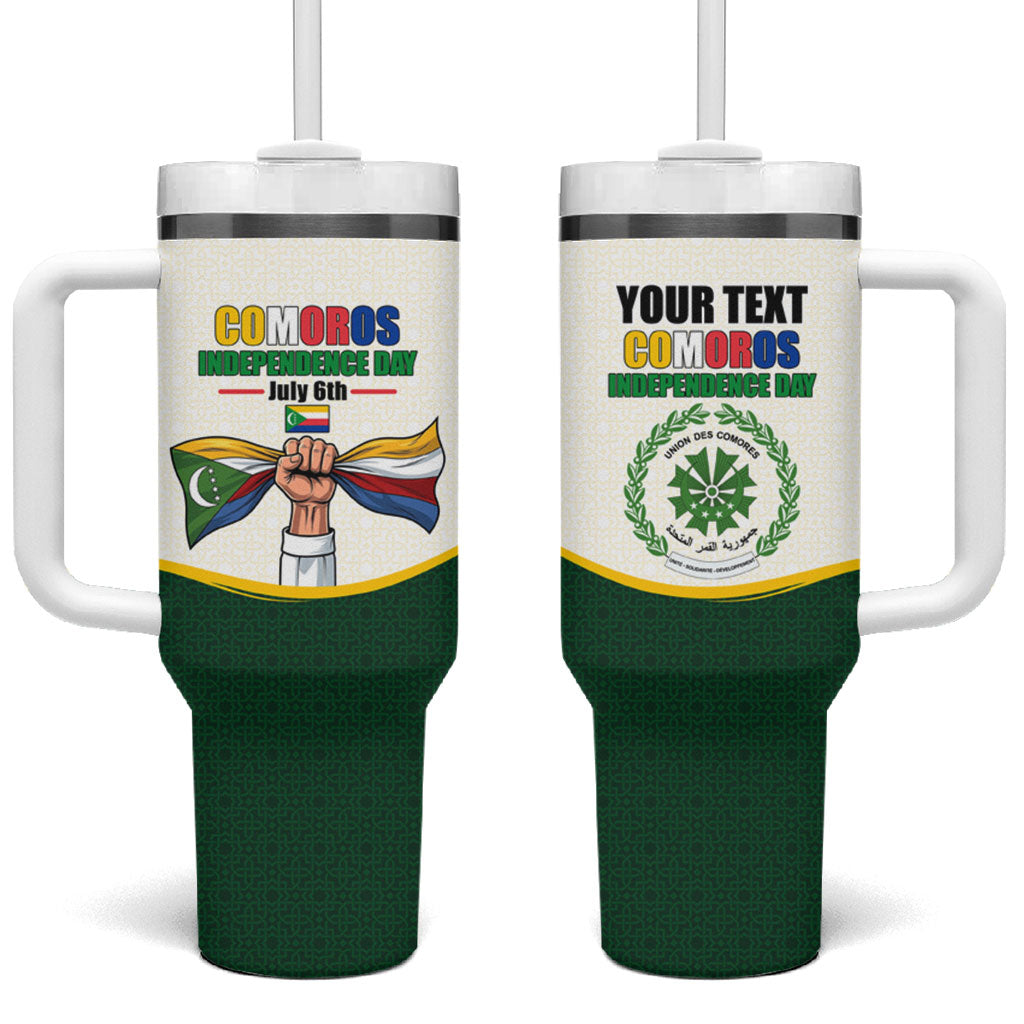 Personalized Comoros Independence Day Tumbler With Handle July 6th National Pride Flag Graphic With Heritage Emblem