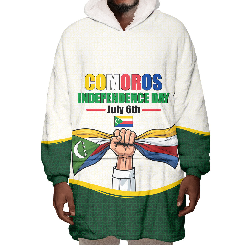 Personalized Comoros Independence Day Wearable Blanket Hoodie July 6th National Pride Flag Graphic With Heritage Emblem