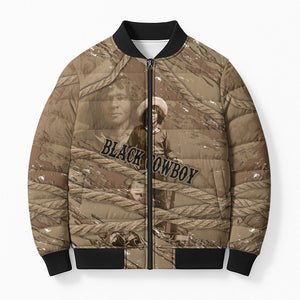 Black Cowboy Nat Love Bomber Puffer Jacket Vintage Western Portrait Lasso
