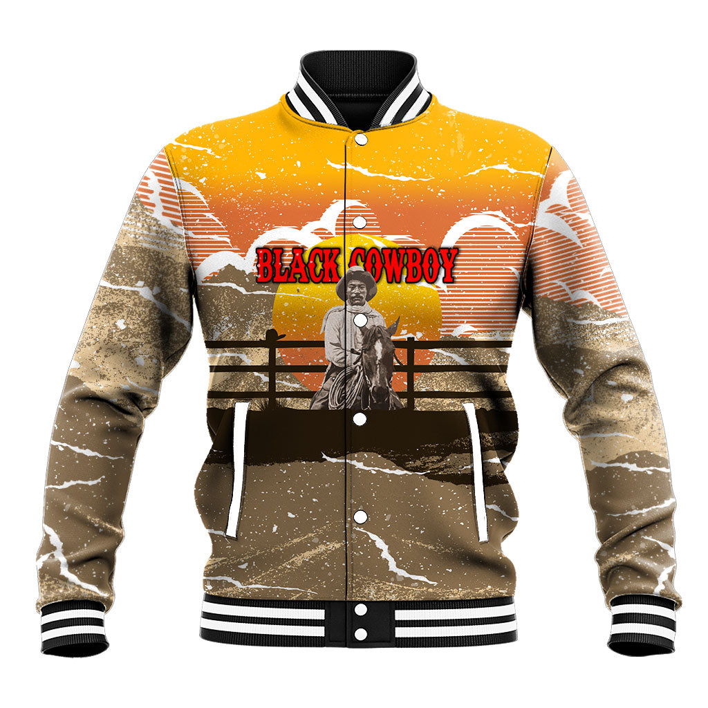 Black Cowboy Bill Pickett Baseball Jacket Retro Sunset Western Design