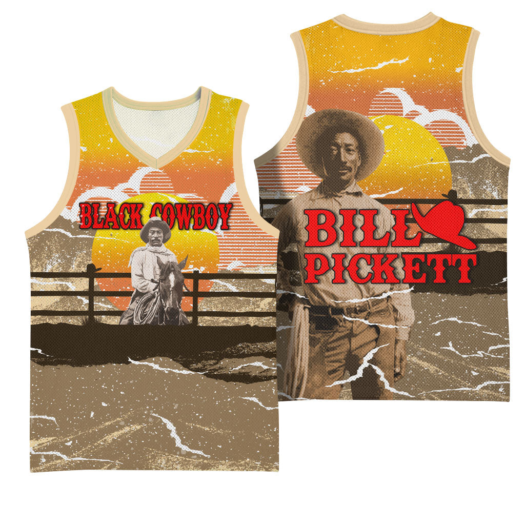 Black Cowboy Bill Pickett Basketball Jersey Retro Sunset Western Design