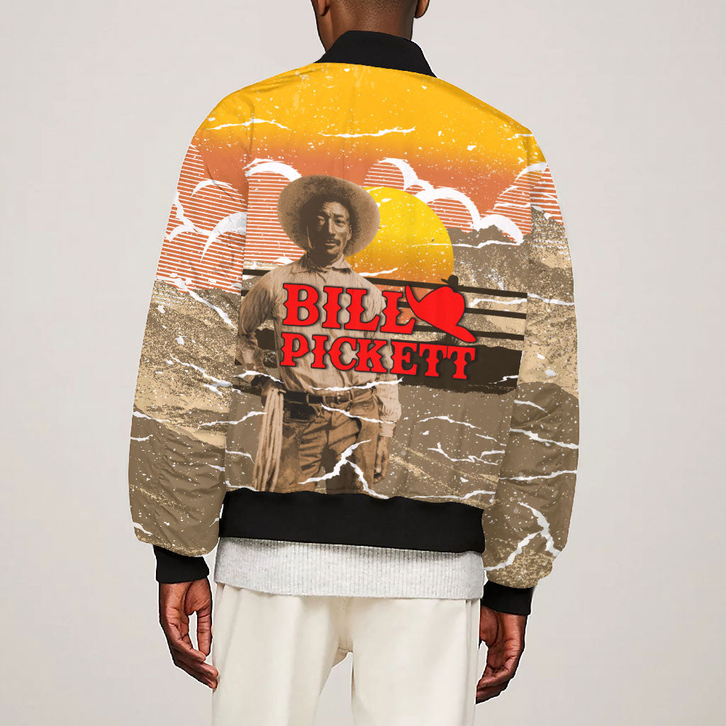 Black Cowboy Bill Pickett Bomber Jacket Retro Sunset Western Design