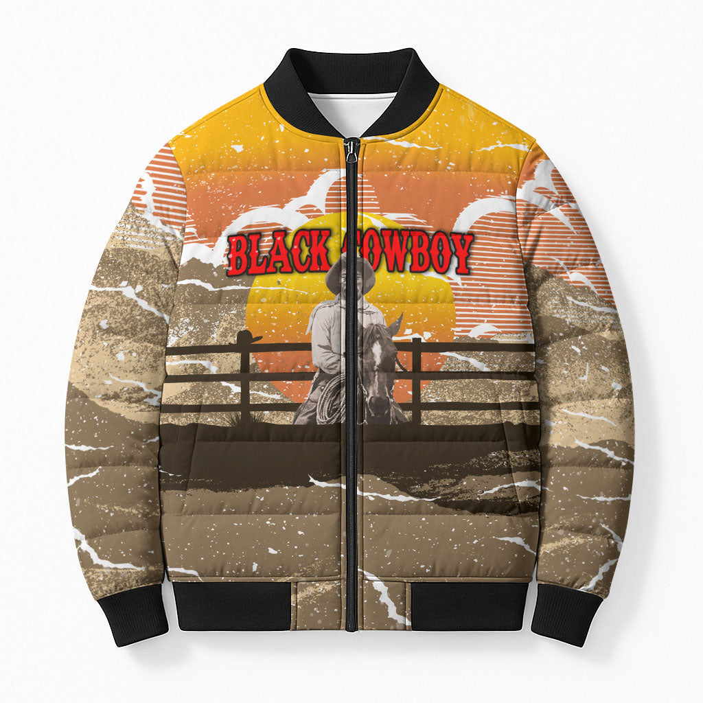 Black Cowboy Bill Pickett Bomber Puffer Jacket Retro Sunset Western Design