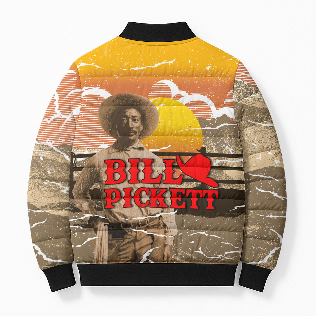 Black Cowboy Bill Pickett Bomber Puffer Jacket Retro Sunset Western Design