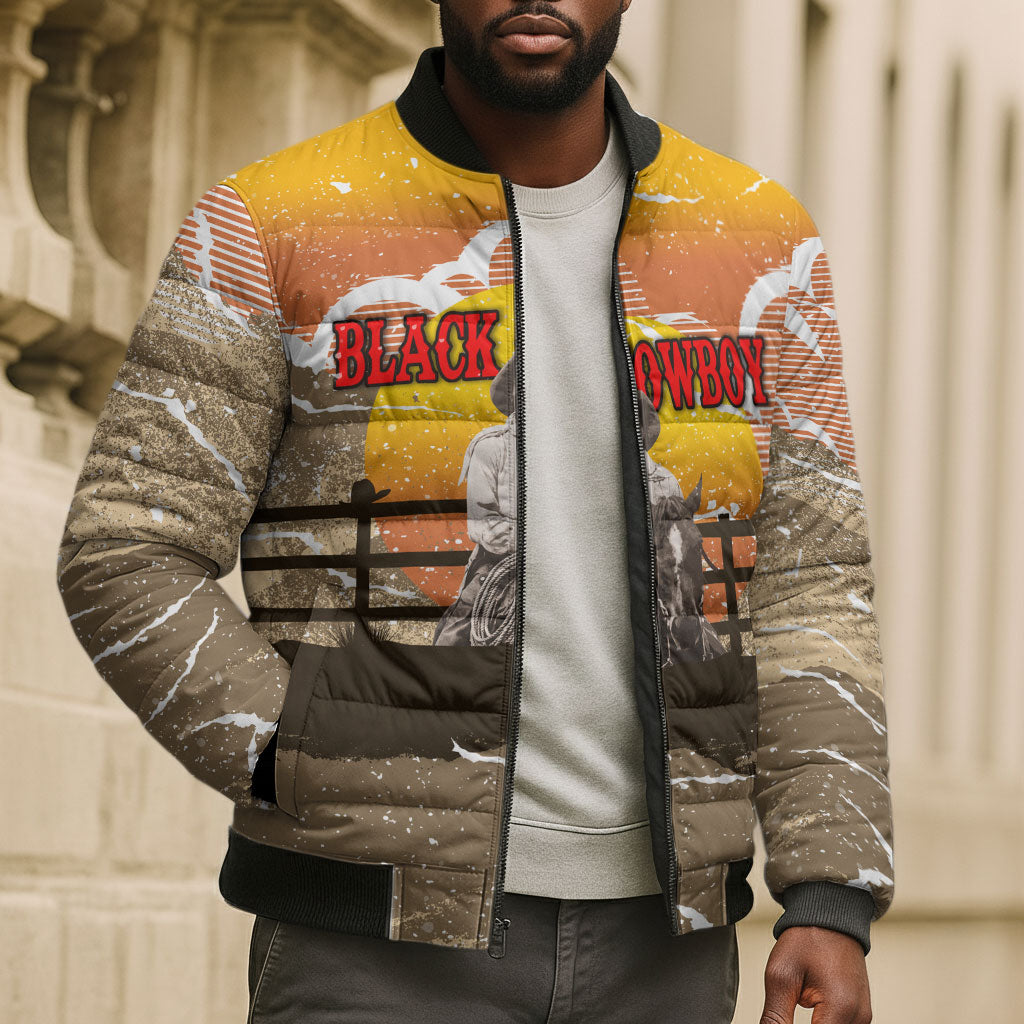 Black Cowboy Bill Pickett Bomber Puffer Jacket Retro Sunset Western Design