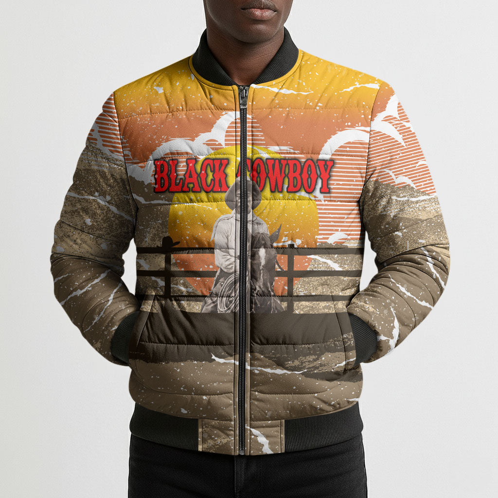 Black Cowboy Bill Pickett Bomber Puffer Jacket Retro Sunset Western Design