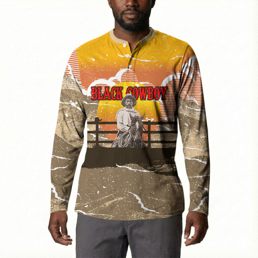 Black Cowboy Bill Pickett Button Sweatshirt Retro Sunset Western Design