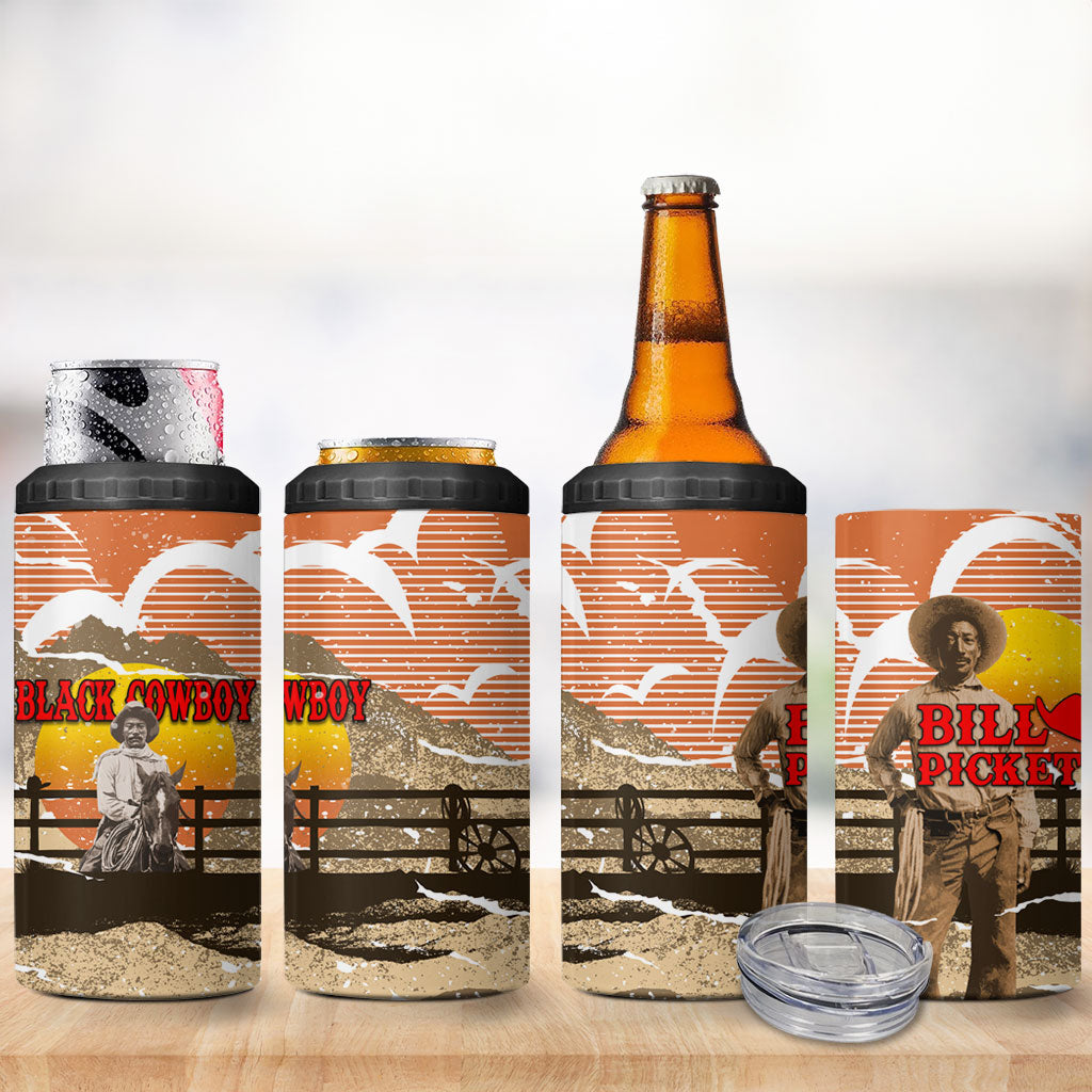 Black Cowboy Bill Pickett 4 in 1 Can Cooler Tumbler Retro Sunset Western Design