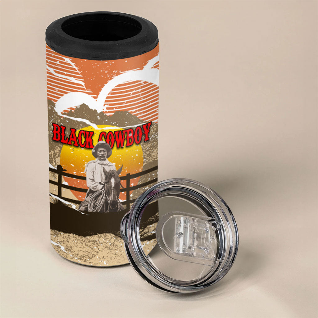 Black Cowboy Bill Pickett 4 in 1 Can Cooler Tumbler Retro Sunset Western Design