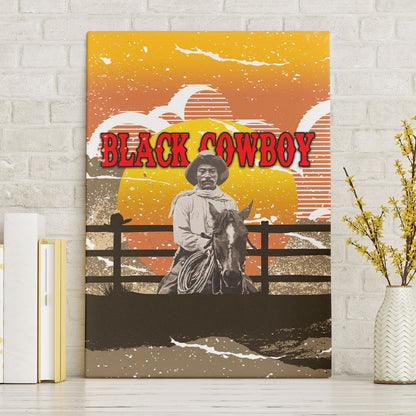 Black Cowboy Bill Pickett Canvas Wall Art Retro Sunset Western Design