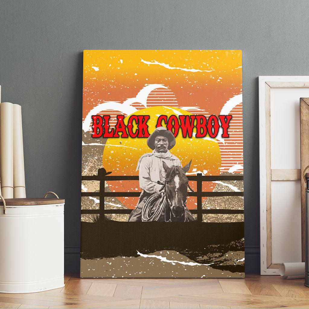 Black Cowboy Bill Pickett Canvas Wall Art Retro Sunset Western Design