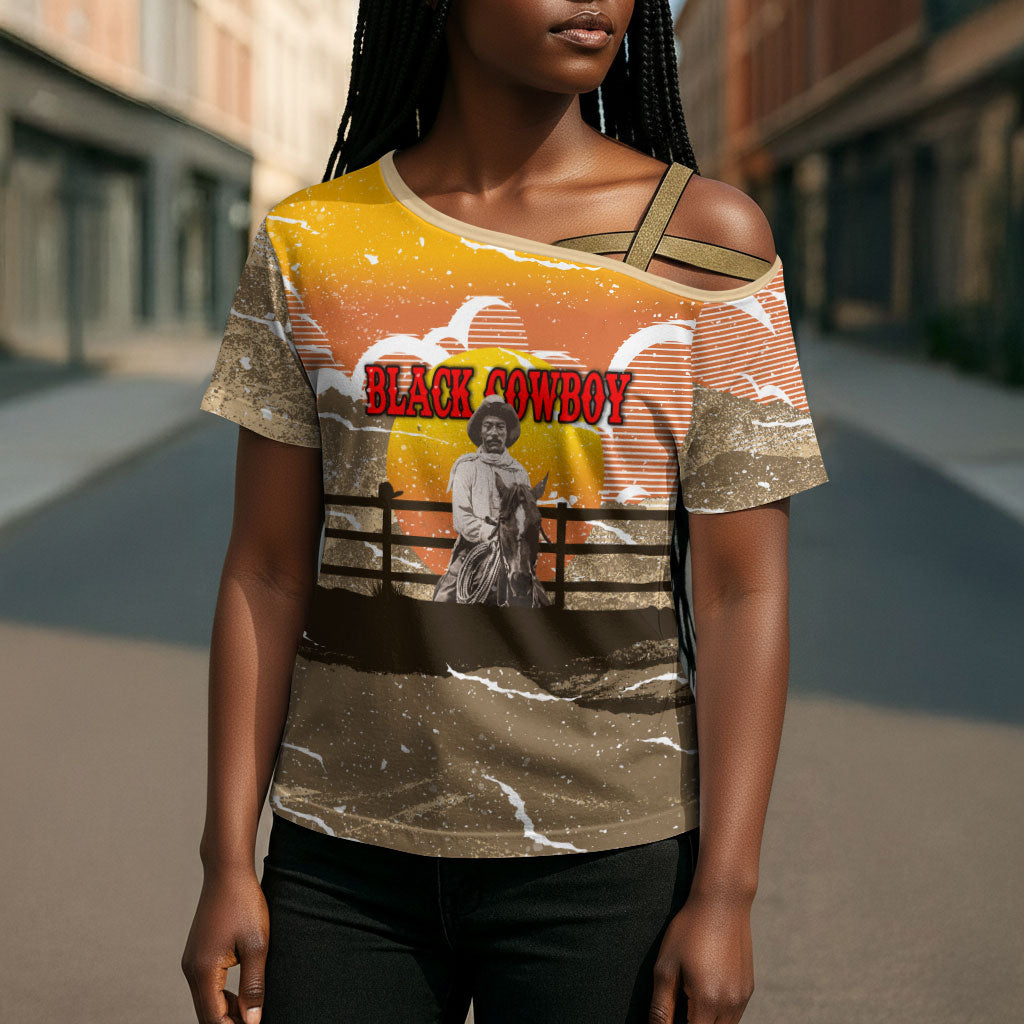 Black Cowboy Bill Pickett Cross Shoulder Shirt Retro Sunset Western Design