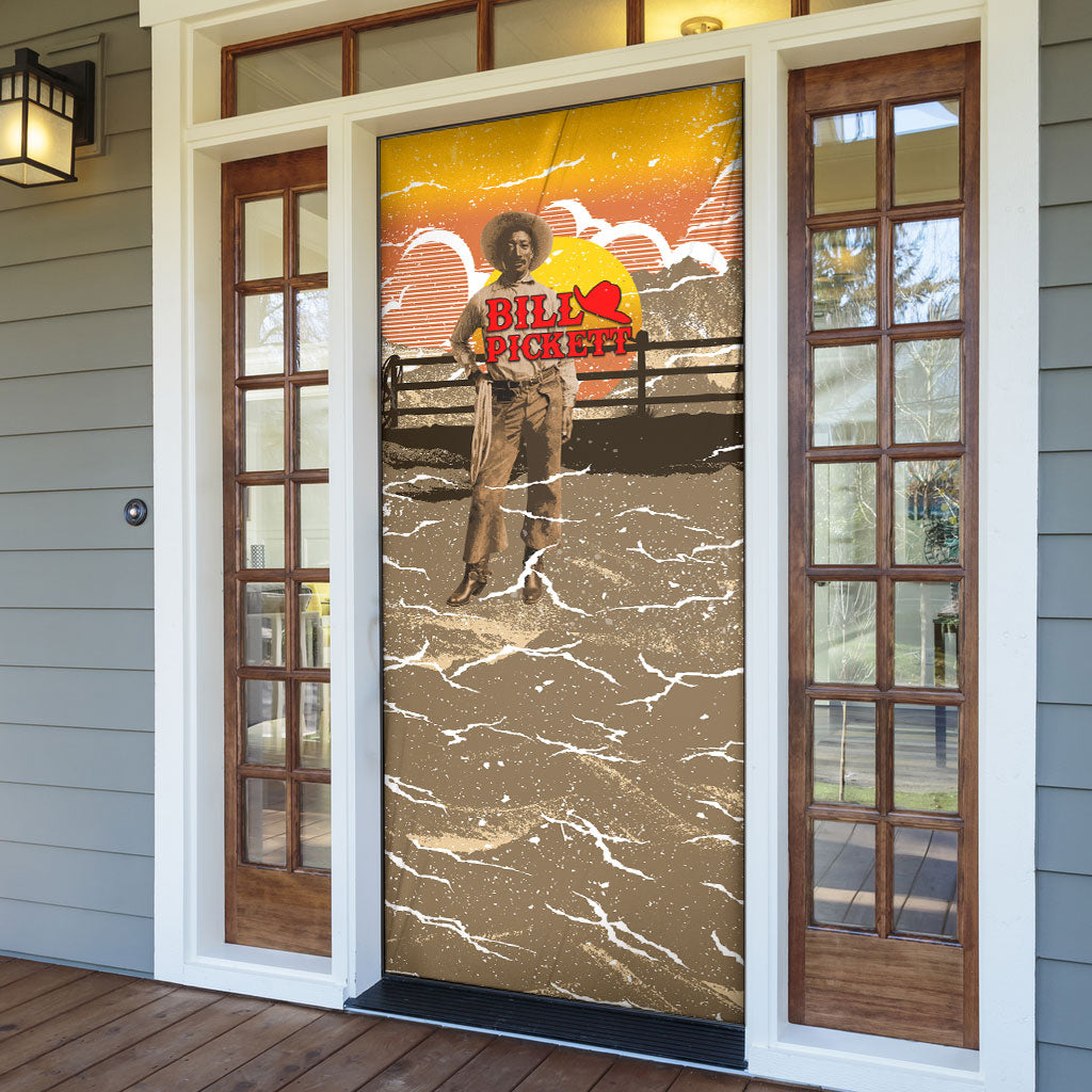 Black Cowboy Bill Pickett Door Cover Retro Sunset Western Design