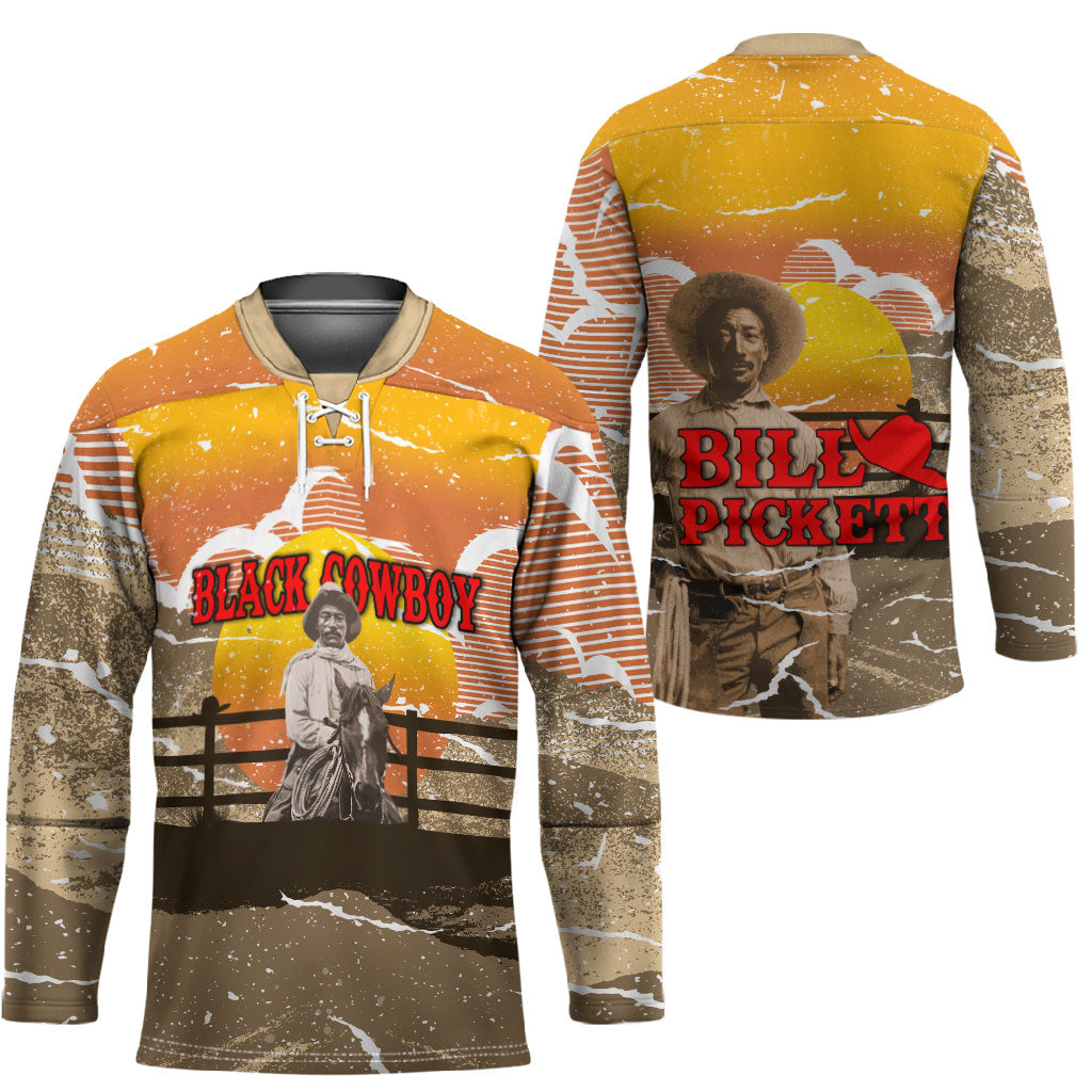 Black Cowboy Bill Pickett Hockey Jersey Retro Sunset Western Design