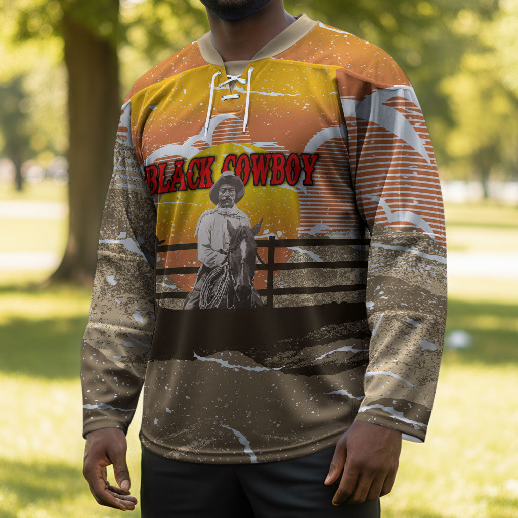 Black Cowboy Bill Pickett Hockey Jersey Retro Sunset Western Design