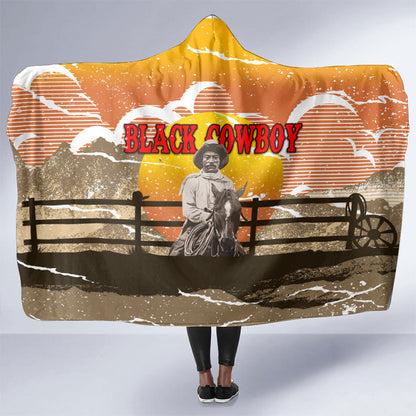 Black Cowboy Bill Pickett Hooded Blanket Retro Sunset Western Design