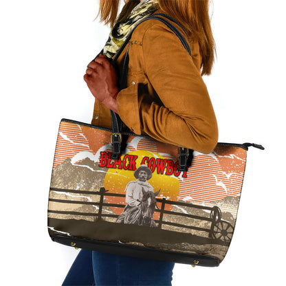 Black Cowboy Bill Pickett Leather Tote Bag Retro Sunset Western Design