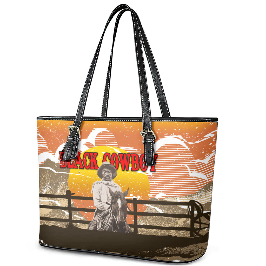 Black Cowboy Bill Pickett Leather Tote Bag Retro Sunset Western Design