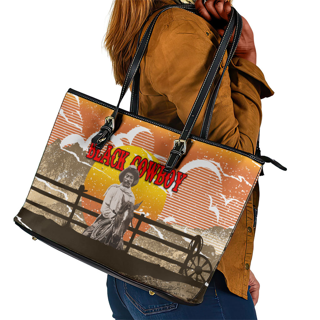 Black Cowboy Bill Pickett Leather Tote Bag Retro Sunset Western Design