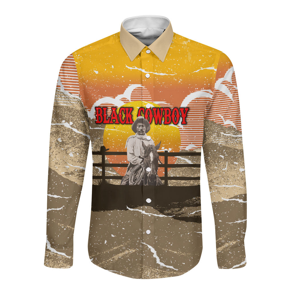 Black Cowboy Bill Pickett Long Sleeve Button Shirt Retro Sunset Western Design