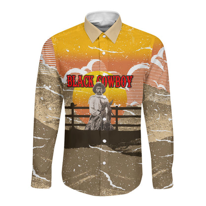 Black Cowboy Bill Pickett Long Sleeve Button Shirt Retro Sunset Western Design